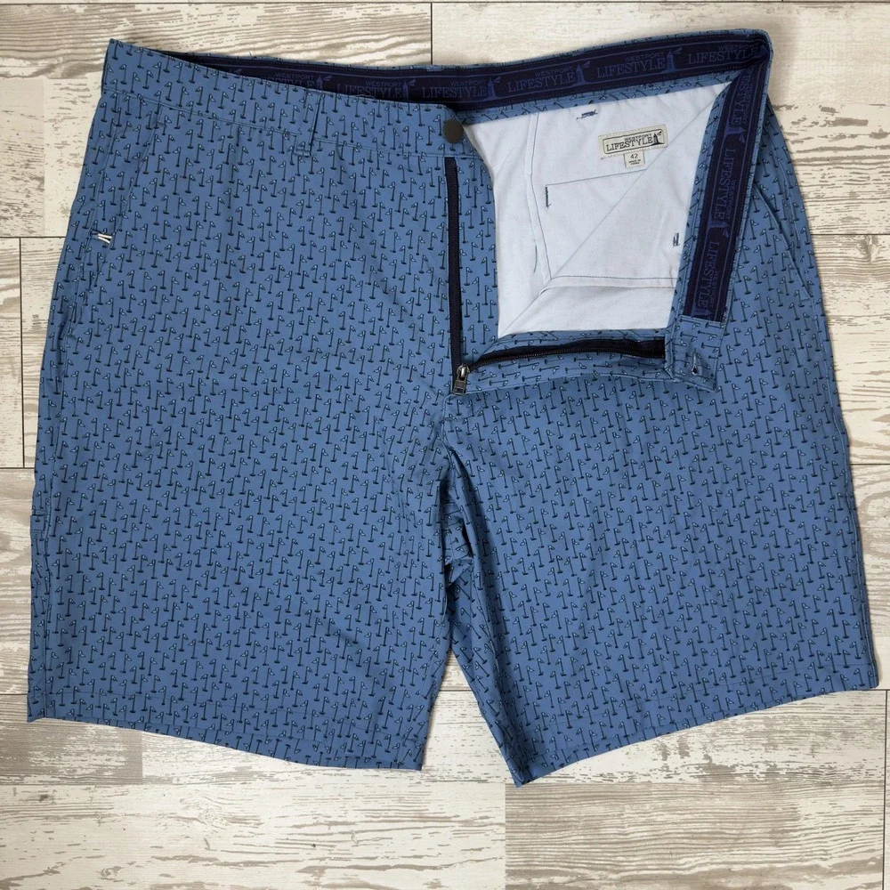 Westport Lifestyle Shorts Mens 42 Blue Golf Flag Print Chino Flat Front